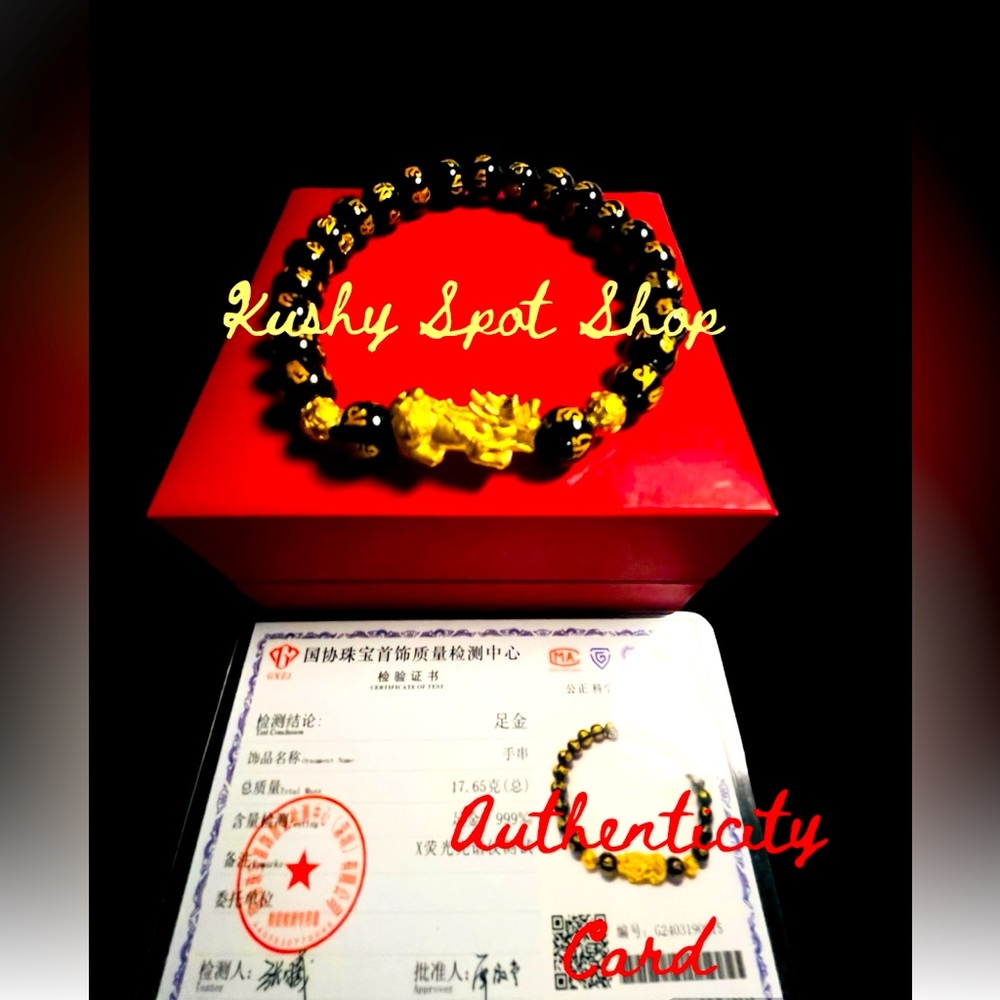 24K ✨ Real Gold Pixiu 🦁🐦‍🔥🐲 Blk Agate w/ Tibetan Blessing Inscriptions ⚫️📿